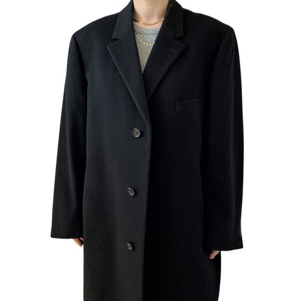 Vintage Mens Lauren Ralph Lauren Black Wool Cashmere Trench Coat Jacket 46R